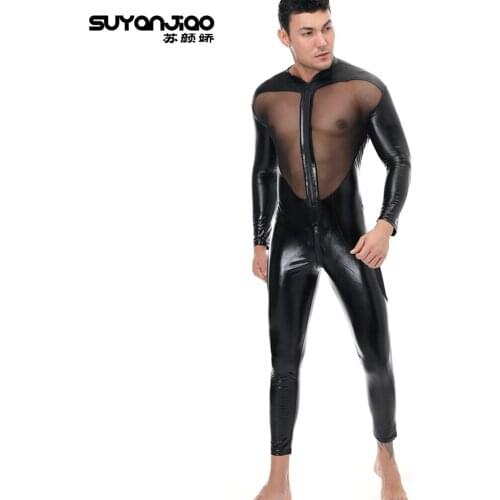 Thin Tight Mesh Bodysuit Sexy Lingerie for Men Wet Look Shiny Long Sleeve Full Body Catsuit Zentai Suit Fetish Sexy Costume