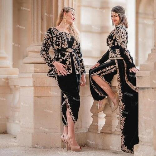 Traditional Karakou Algeria Black Evening Dresses With Detachable Train 2021Dubai Muslim Rose Gold Long Sleeve Prom Dresses Gown