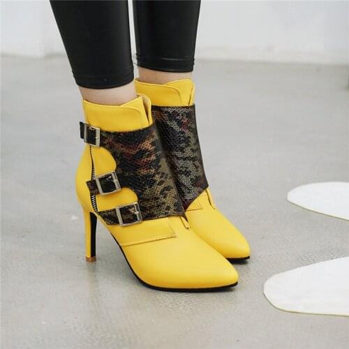 YMECHIC White Yellow Black Pointed Toe Buckle Strap Design Ladies Stiletto High Heel Party Shoes Woman Footwear Sexy Ankle Boots