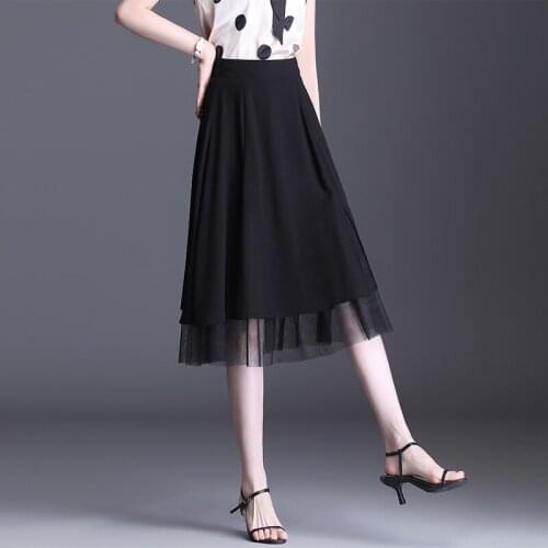 Fashion Splice Mesh Black A-line Skirts for Women Elegant Chic Loose Elastic High Waist Casual Mid-long Skirt 9669
