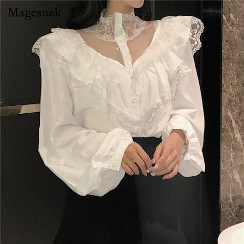 Sexy Lace Shirts Women Ruffles Turtleneck Autumn Womens Tops and Blouses Puff Sleeve Sweet White Black Blusas De Mujer 10783