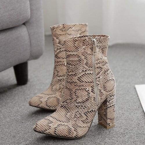Womens shoes High heels PU Slip On Square heel 11cm Pointed Toe snake boots Womens boots