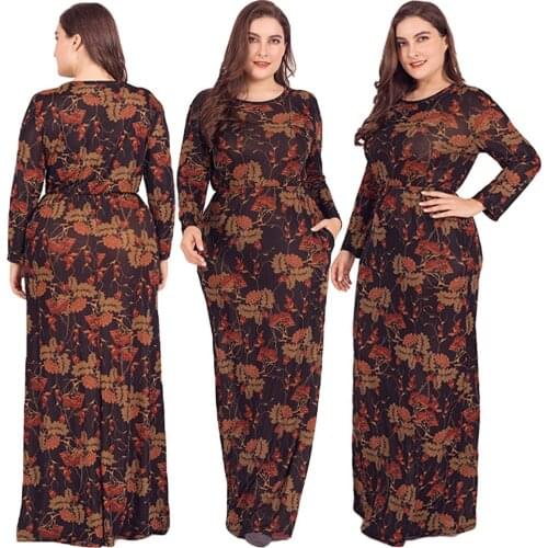 Women Long Maxi Dress Floral Printed Abaya Kaftan Bodycon Stretch Slim Plus Size Muslim Robe Gown Pockets Islamic Maxi Dress New