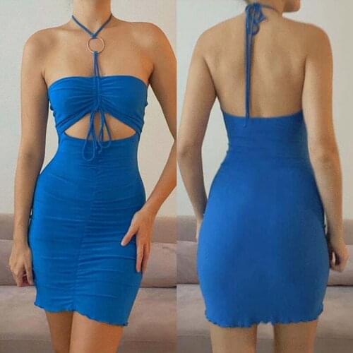 Womens Halter Bodycon Mini Dress, Sexy Sleeveless Solid Color Ruched Drawstring Dress
