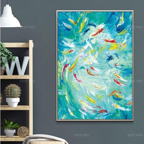 100% Handmade Modern Abstract Thick Oil Fish Canvas Painting Large Wall Art Picture Paintings Home Decor For Living Room Bedroom
