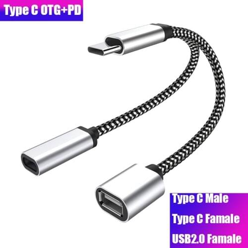 2in1 USBC OTG PD18W Charging Adapter for Samsung Switch LG TypeC Male to USBC Female Charging Port with USB Female Braided Cable