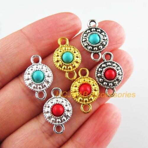 20 New Round Charms Tibetan Silver Tone & Gold Color Red & Blue Flower Stone Pendants 11x18mm