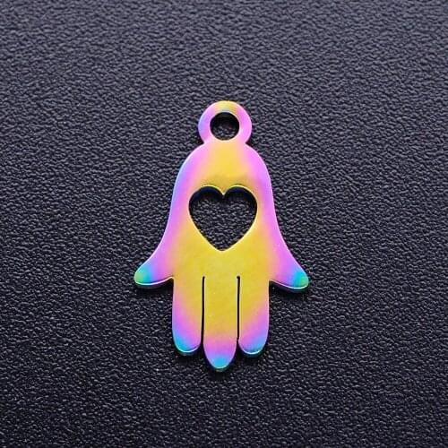 5pcs/lot 100% Stainless Steel Hamsa Hand diy Charms With Rainbow Plated Wholesale Jewelry Making Pendant Finding Charm Suppliers
