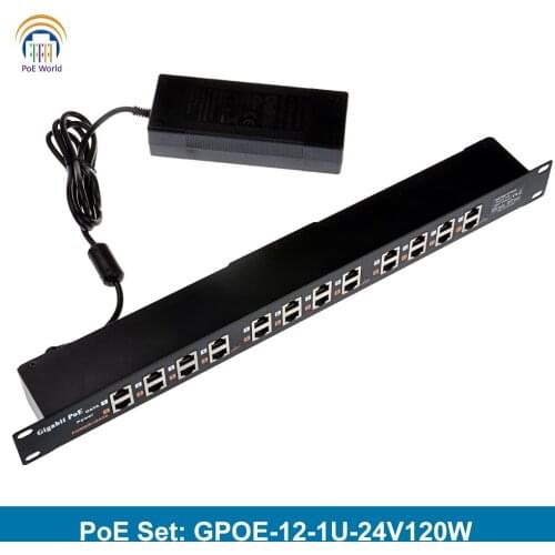 GPOE-12-1U-24V120W Ethernet connector Gigabit 12 Port passive poe injector include 24v 120w Power supply