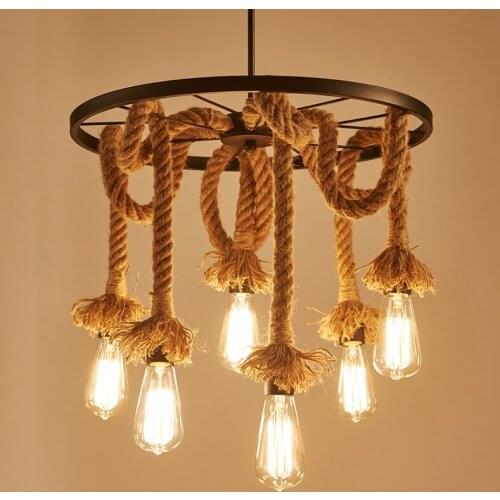 American Retro Wrought Iron Round Wheel Hemp Rope Pendant Lights E27 Edison Bulbs For Cafe Restaurant Bar Dining Room Droplight
