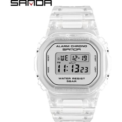 SANDA 2021 Fashion Sports Watch Ladies Transparent Strap LED Digital Clock Ladies Electronic Watch G style Military Watch Men