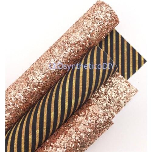 Double Sides Rose Gold Chunky Glitter Leather Fabric Sheets with Printed Gold Stripes Felt Backing Glitter Vinyl A4 SIZE 6S82C