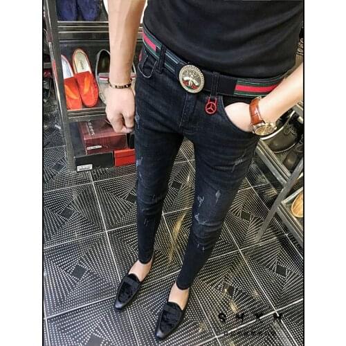 Wholesale 2021 Fashion cowboy streetwear skinny jeans hombre men Pants male Korean Distressed stretch black feet pants trousers