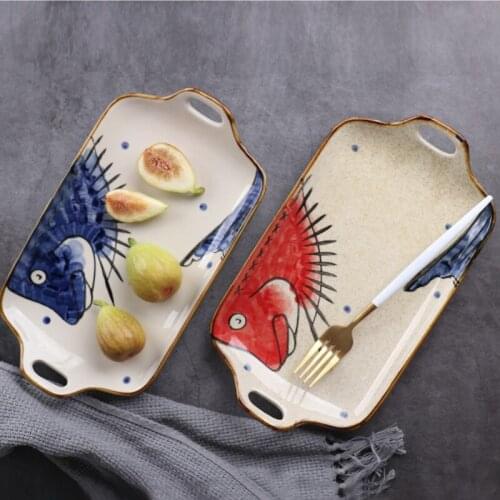 Japanese-style retro hand-painted ceramic binaural plate western deep dish household dish dim sum breakfast plate fruit salad pl