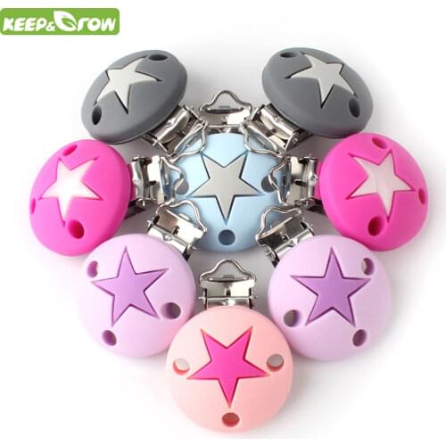 KEEP&GROW Stars Pattern Round Silicone Teether Holder Pacifier Chain Clip For Necklace Nursing Teether Clips DIY Making Clasp