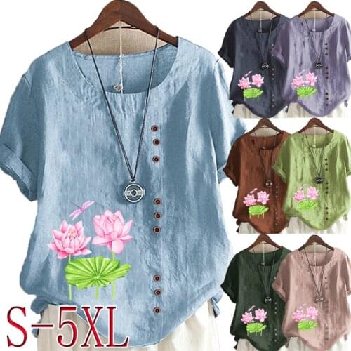 Summer Casual Floral Print Loose T-shirt Retro Cotton and Linen O-neck Plus Size Short-sleeved Womens Top S-5XL