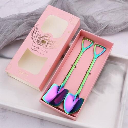 2pcs Ice Cream Coffee Shovel Shape Tea Spoon Afternoon Dessert Fruit Gift Boxed Stainless Steel Spoons Kitchen Accessories
