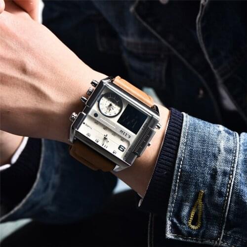 2019 Square Mens Fashion Sport Watch Men Leather Waterproof Quartz Watches Male Date LED Analog Dual Clock Relogio Masculino