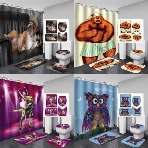 New High Quality Funny Animal Shower Curtains Pug Black Bear Owl Printed Carpet Toilet Cover Bath Mat Pad Bathroom Curtain Set