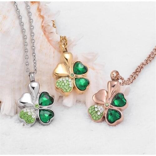 Charm Womens Four Leaf Clover shape Cremation Urn Necklace Stainless steel Ashes Keepsake Urns Locket Pendant