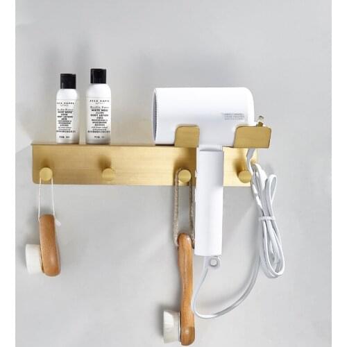 Bathroom Shelf Brass Multifunctional Corner Shelf Shower Rack Hair Drier Holder Bolt Inserting Type With Hooks Bath Hardware
