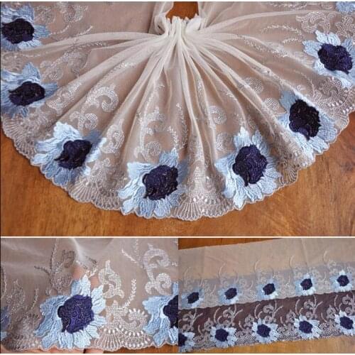 2 Yards Diy Craft Luxury Silver with Blue Embroidered Lace Fabric Venise Lace Trim 20cm Width