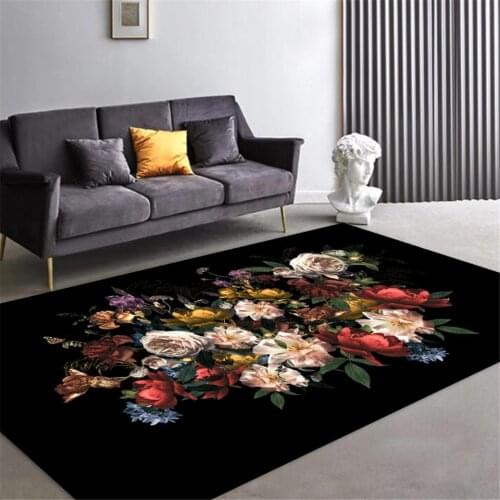 Luxury Black European Carpet With Big Flower Retro Classical Floral Rugs Bedroom Hallway Carpet Doormat Living Room Carpet Mat