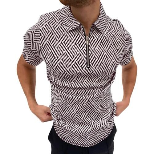 Fashion Herringbone Print Men Short Sleeve Polo Shirts Casual Turn-down Collar Zipper Tops 2021 Summer Harajuku Mens Streetwear