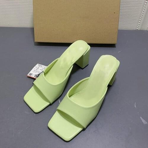 LMCAVASUN Brand Summer green thick heel sandals One word with Square head High heels