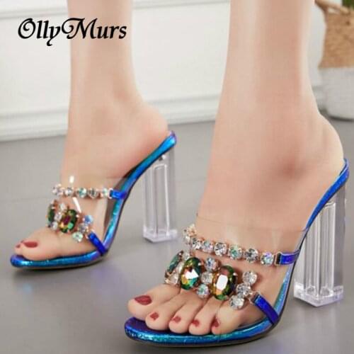 OllyMurs Summer Fashion Crystal Diamond Slippers Clear PVC Transparent Slides Women Shoes Peep Toe High Heels Mules Dress Pumps