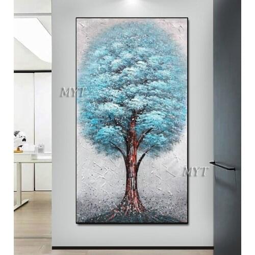 Blue Texture Acrylic Tree 100% Hand Painted Abstract Birch Tree Picture Canvas Oil Painting Unframed Wall Decorative Art