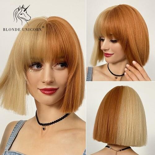 BLONDE UNICORN 14 Inch Straight Synthetic Short Bob Wig Blend Light Blonde White Hair Wig With Bangs Daily Wigs For Women