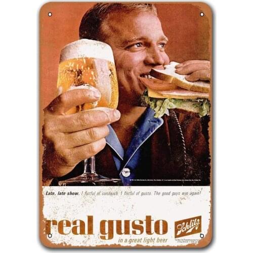 Vintage Metal Sign 1965 Schlitz Gusto Bar Tin Beer Signs, Sisoso Plaque Poster for Bar Garage Pub Home Cafe Wall Decor 8x12 inch