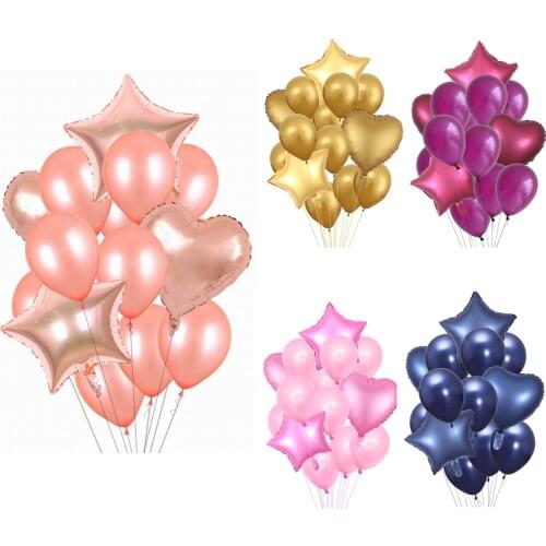 14pcs Heart Star Air Balloon Happy Birthday Party Metallic Chrome Balloons Baby Shower Wedding Decor Helium Ballons