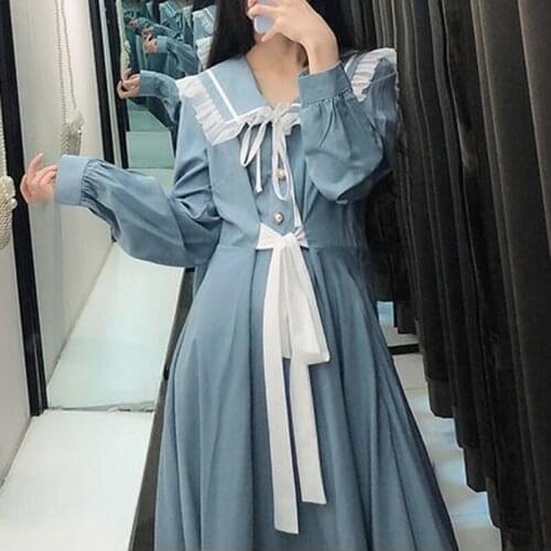 Japanese Long Sleeve Autumn Dress French Retro Bow Peter Pan Collar عارضة اللباس vestido midi lolita robe été fairy grunge