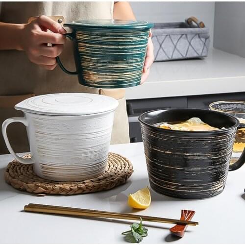 Japanese creative ceramic tableware home restaurant instant noodle cup with lid breakfast cup milk cup oatmeal cup yogurt cup