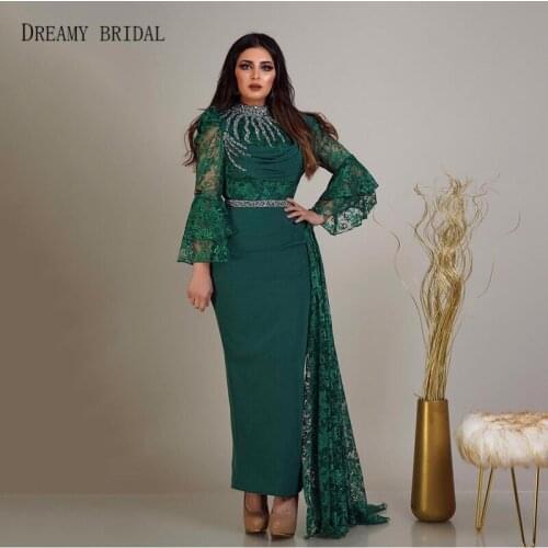 Green Lace Celebrity Dresses Beads Long Sleeves Ankle Length Saudi Designer Red Carpet Gowns Arabian Style