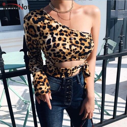 InstaHot Fashion Leopard One Sleeve Shoulder Slim T-shirt Women Sexy Crop Top Slope Neckline Casul Top Autumn Streetwear t shirt