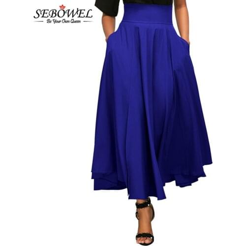 SEBOWEL 2020 Blue Retro High Waist Pleated Belted Maxi Skirt Women Plus size Vintage Long Skater Skirts Ladies A-Line Skirt XXL