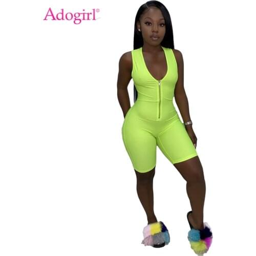 Adogirl Women Summer One Piece Tracksuit Front Zipper V Neck Sleeveless Shorts Jumpsuit Casual Romper Sporting Playsuits