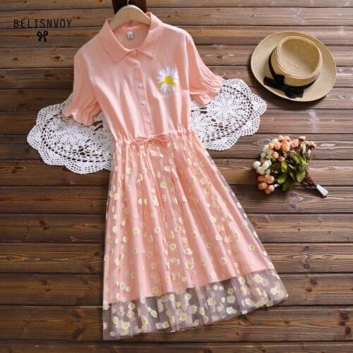 Mori Girl Summer Women Patchwork Mesh Dress Turn-Down Collar Cotton Dress Little Daisy Floral Printed Sweet Party Dress
