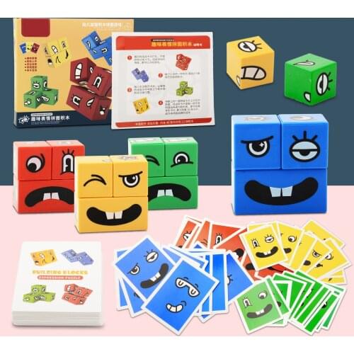 Montessori Expression Puzzle Face Change Cube Wooden Building Blocks Toys Early Learning Educational Match Toy Children Gift