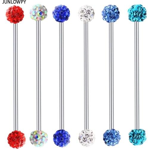 JUNLOWPY body jewelry Wholesales 30pcs Shamaballa Ball Steel Tongue Rings Mix 10 Colors Ear Piercings Jewelry industrial barbell