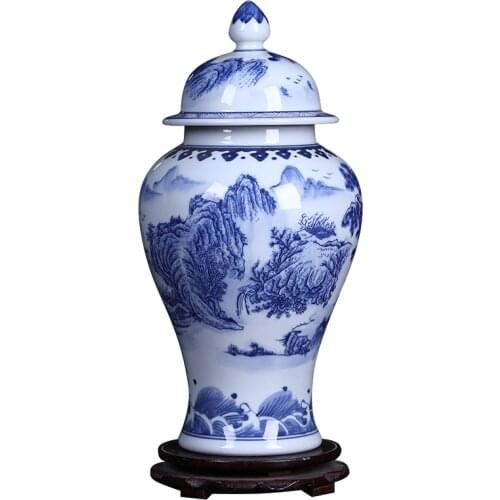 Jingdezhen ceramic antique blue and white porcelain general tank storage landscaping vase Chinese living room decorations