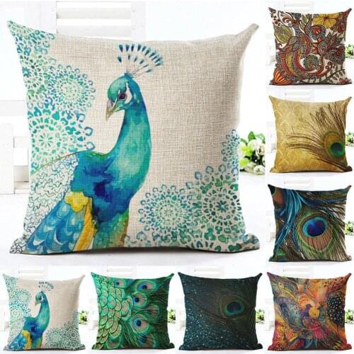 Peacock Linen Throw Pillow Case Cushion Cover Sofa Bed Car Cafe Office Decor