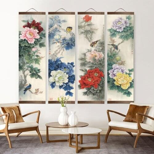 Chinese style flower Green plants canvas decorative painting Store bedroom living room wall art solid wood scroll paintings