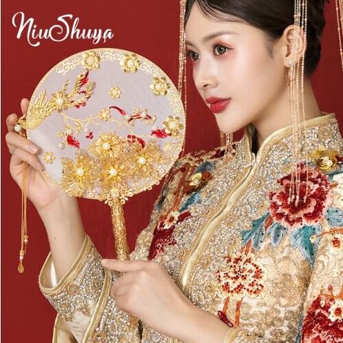 NiuShuya Luxury Chinese Gold Phoenix Bridal Fan Bouquets Classic Handmade Metal Round Hand Fan Business Gift Wedding Accessories