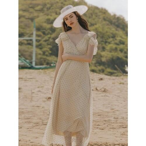 Sundress Womens Summer Beach Casual Polka-Dot Boho Sexy Backless Vintage Elegant Vacation Bohemian Mesh Long Dress 2020