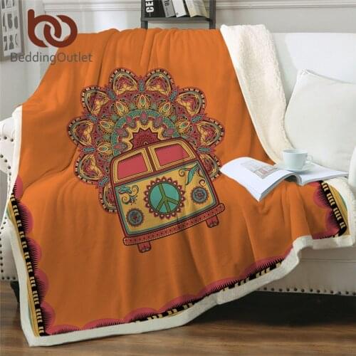 BeddingOutlet Hippie Vintage Car Velvet Plush Throw Blanket Orange Mandala Sherpa Blanket Bohemian Mini Van Peace Couch Quilt