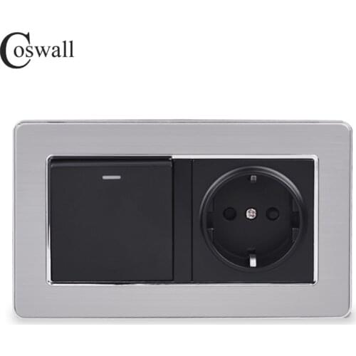 Coswall 16A EU Standard Wall Power Socket Outlet With 1 Gang 1 Way On / Off Light Switch Stainless Steel Panel 146mm*86mm